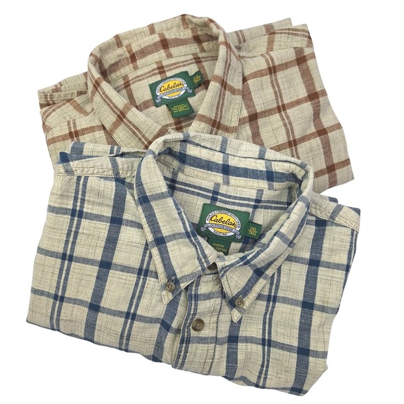 Cabela's Other - Cabelas Button Down Work Shirt Mens 2XL Tall Brown Blue Plaid Cotton Bundle 2pk